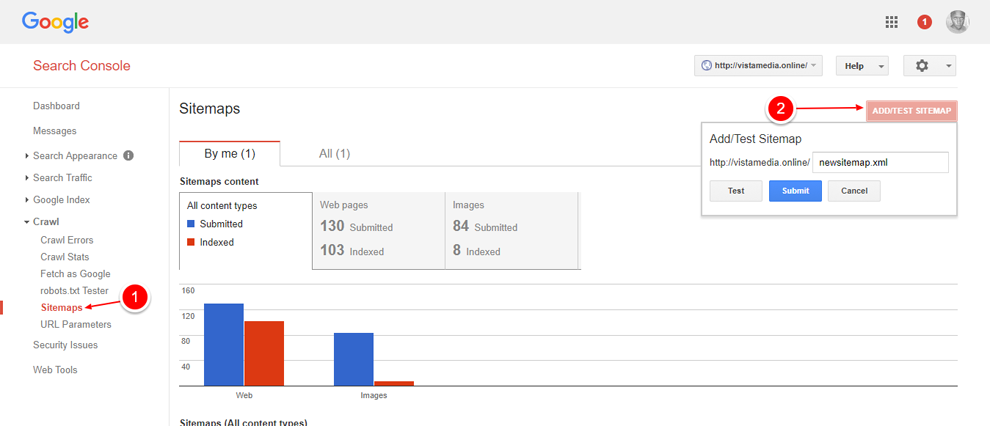 Google Webmasters Tools màn hình sitemap