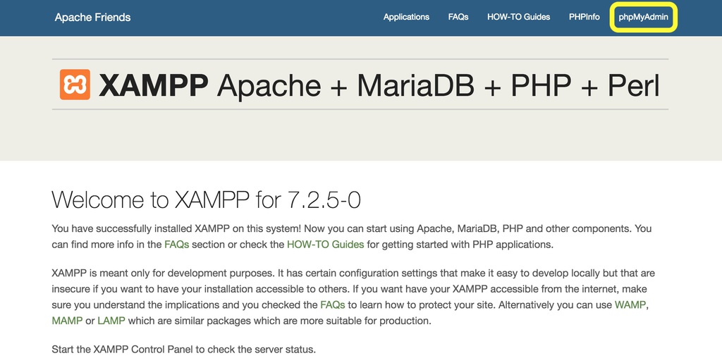 nút phpMyAdmin trên XAMPP Dashboard