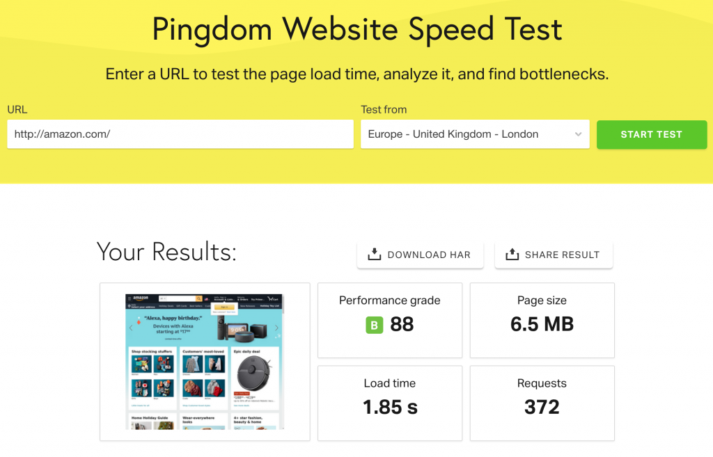 trang chủ amazon.com cho kết quả test ở điểm B 