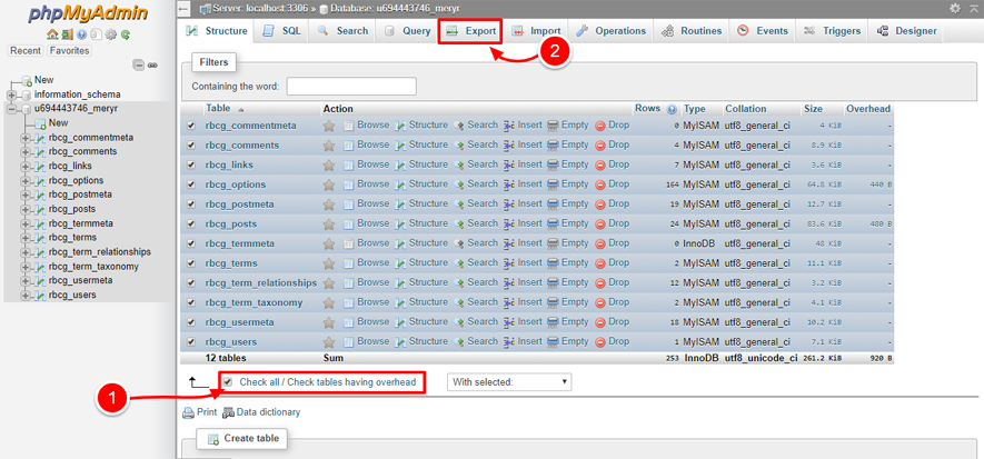 backup wordpress bằng phpmyadmin