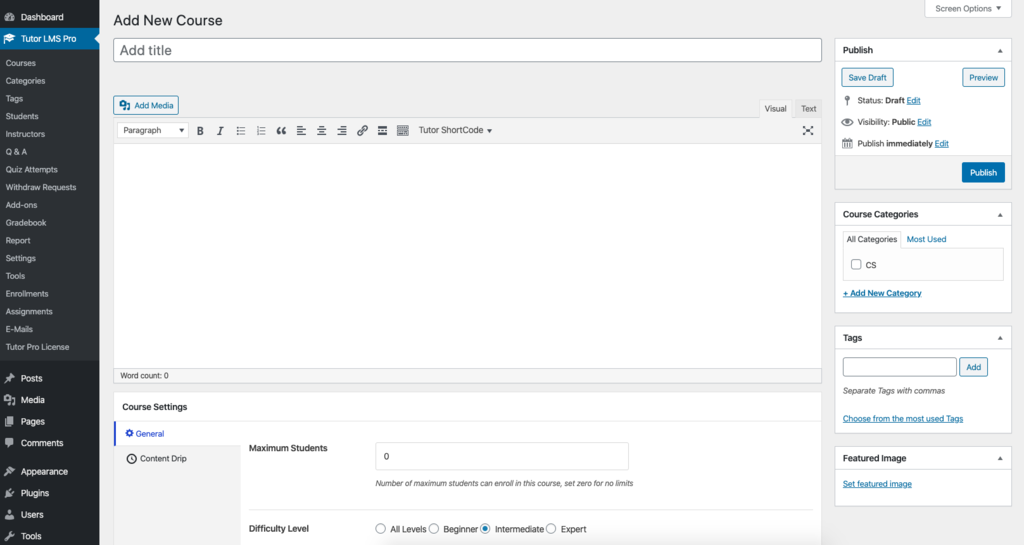 Tạo khóa học mởi trong backend từ Tutor LMS Pro