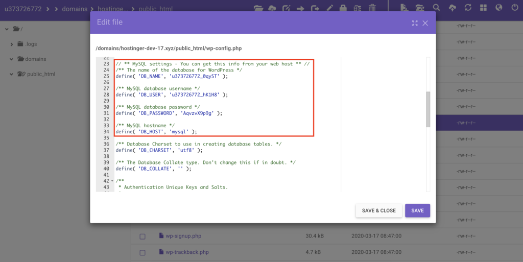 tìm DB_NAME, DB_PASSWORD, và DB_HOST trong file wp-config.php trên file manager