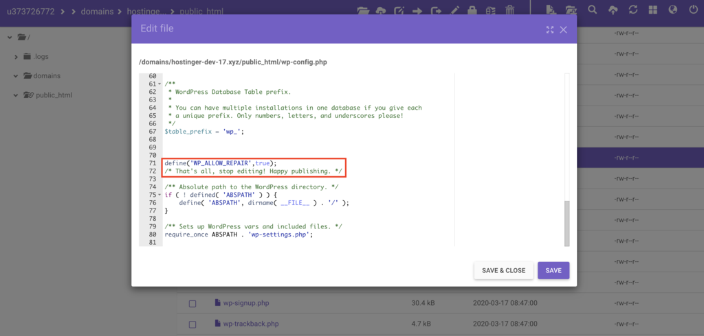 thêm code để sửa database WordPress