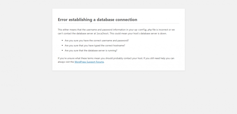 error establishing a database connection trên admin dashboard