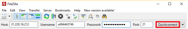 Thông tin kết nối Filezilla