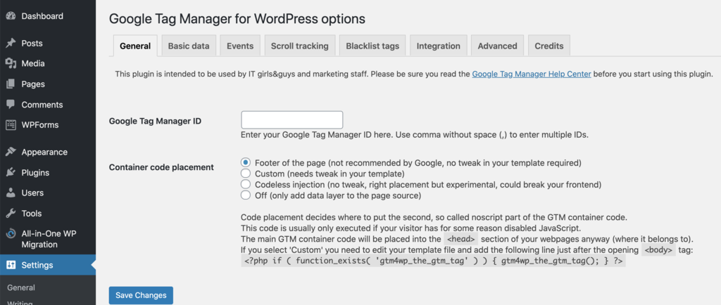 tùy chọn cài đặt google tag manager cho wordpress 