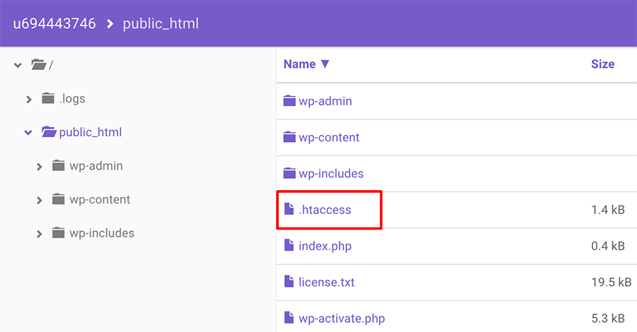htaccess file trong Hostinger File Manager