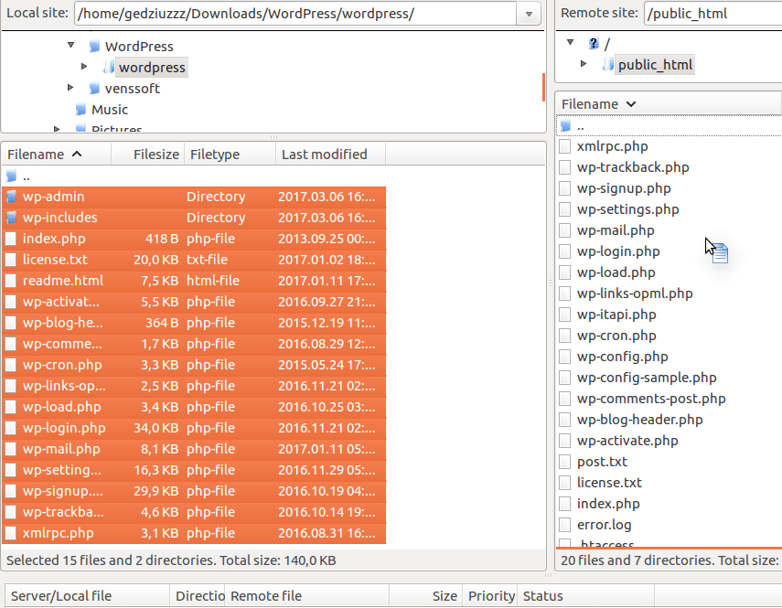 Re-uploading WordPress core files via FileZilla FTP client