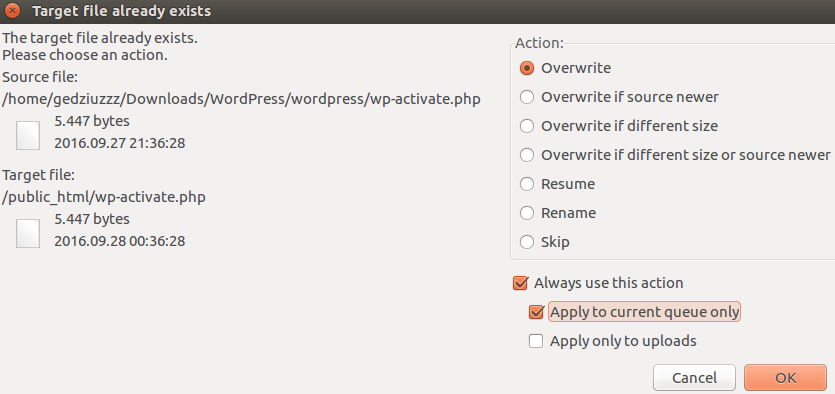 Confirming the overriding of WP core files via FileZilla