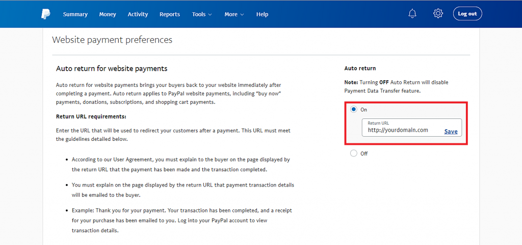 kích hoạt PayPal quay lại trang web và URL để quay lại.