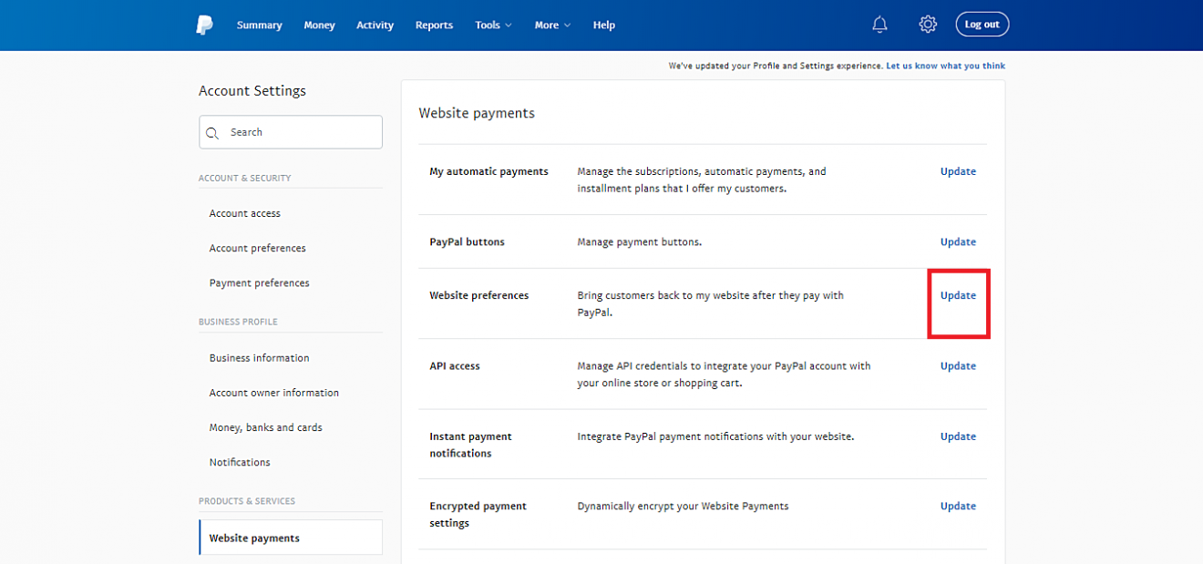 paypal website preference
