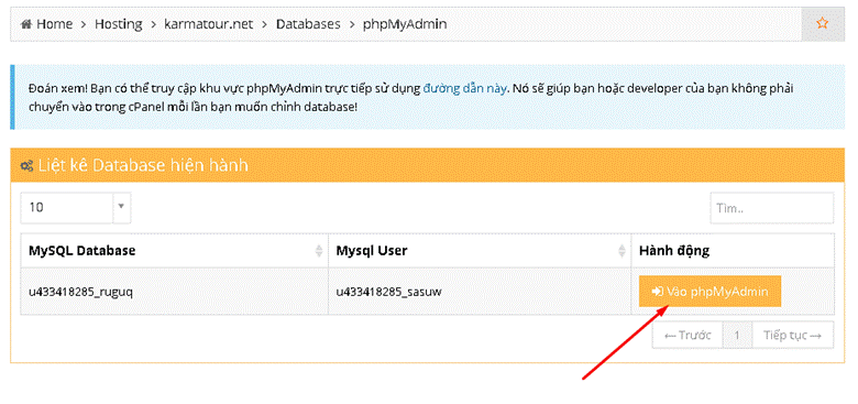 Vào phpmyadmin của Database