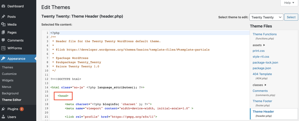 sửa file header.php bằng WordPress Theme Editor