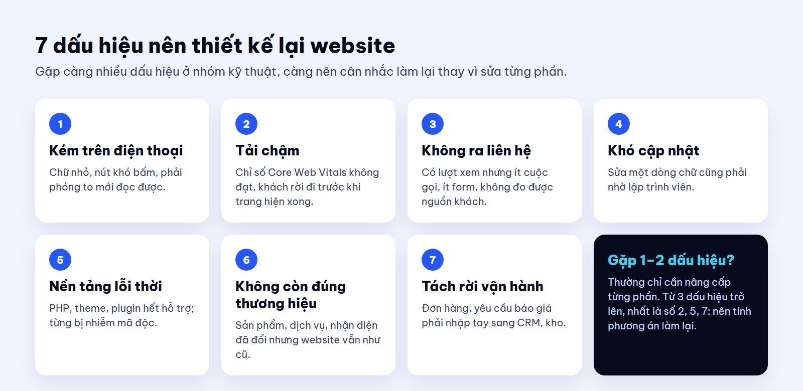 7 dấu hiệu nên thiết kế lại website: kém trên điện thoại, tải chậm, không ra liên hệ, khó cập nhật, nền tảng lỗi thời, không đúng thương hiệu, tách rời vận hành