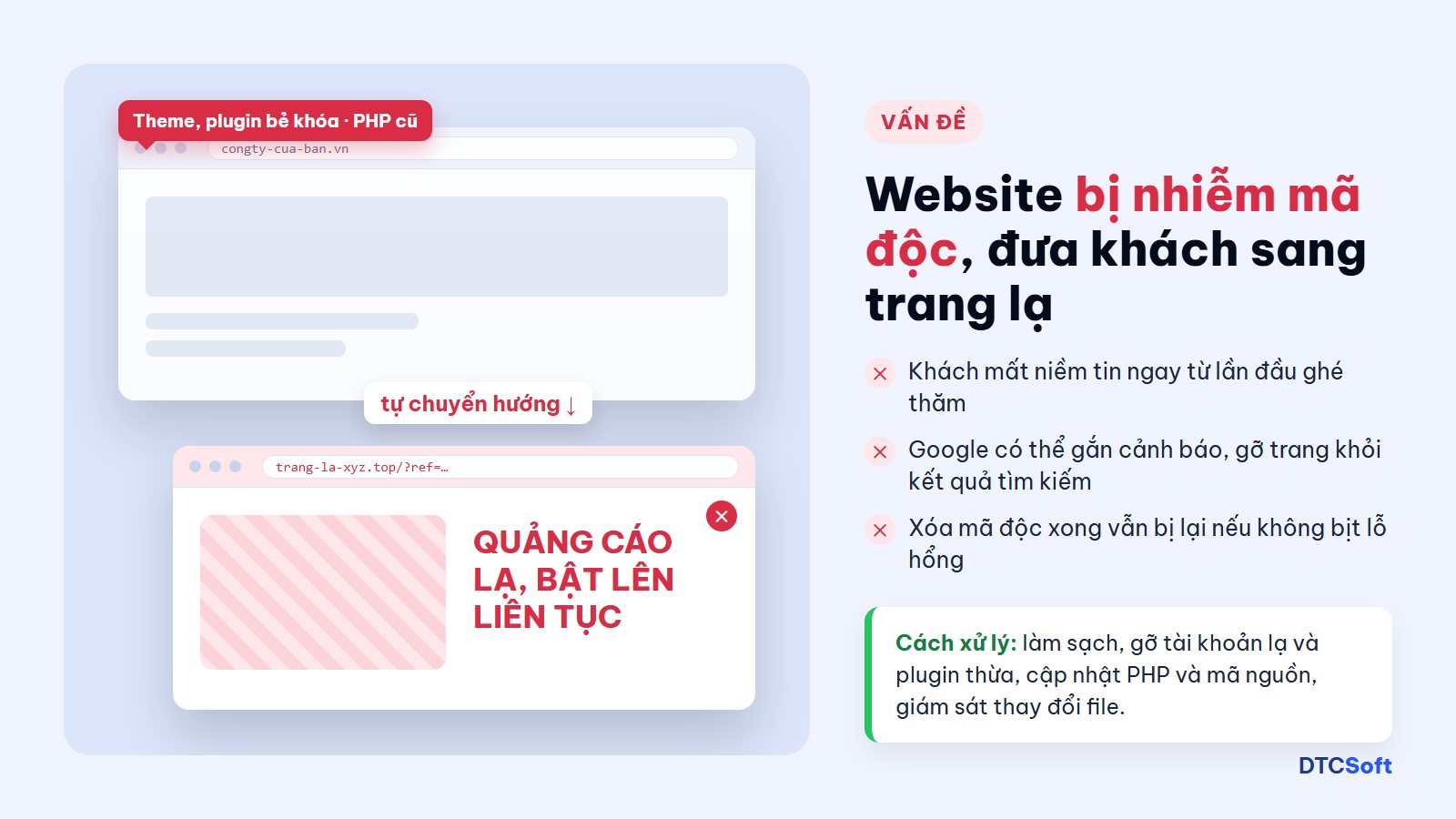 Website bị nhiễm mã độc tự chuyển hướng khách sang trang quảng cáo lạ