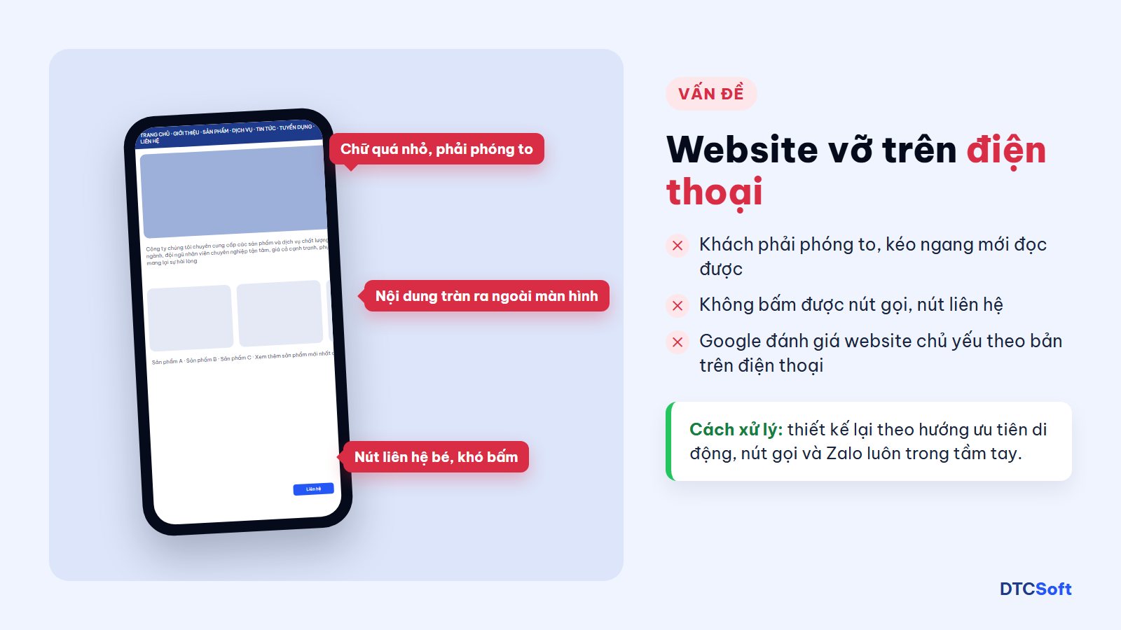 Website cũ vỡ bố cục trên điện thoại: chữ nhỏ, nội dung tràn màn hình, nút liên hệ khó bấm